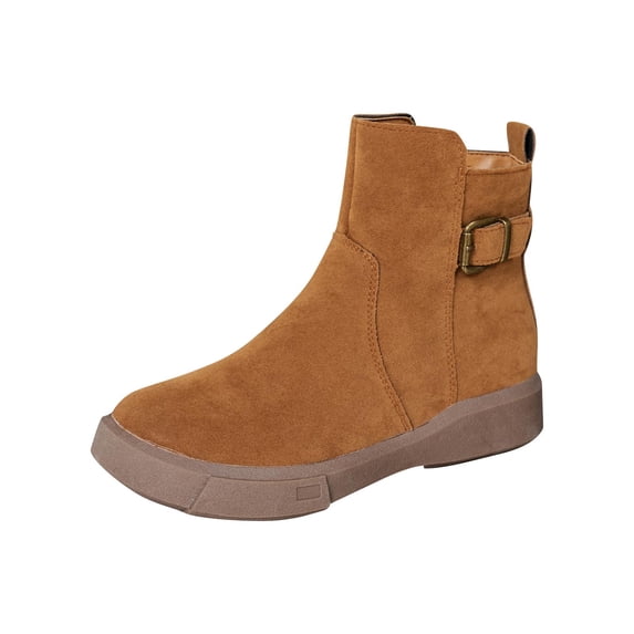 QQAMB Women's Ankle Boots Chunky Low Heel Fashion Round Toe Buckle leather Booties