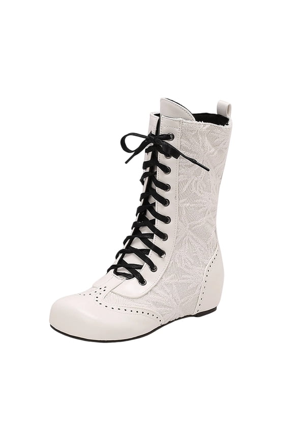 Women's Ankle Boots Elegant Wedge Heel Lace up Round Toe Embroidered Short Boots Ideal for Casual Outings