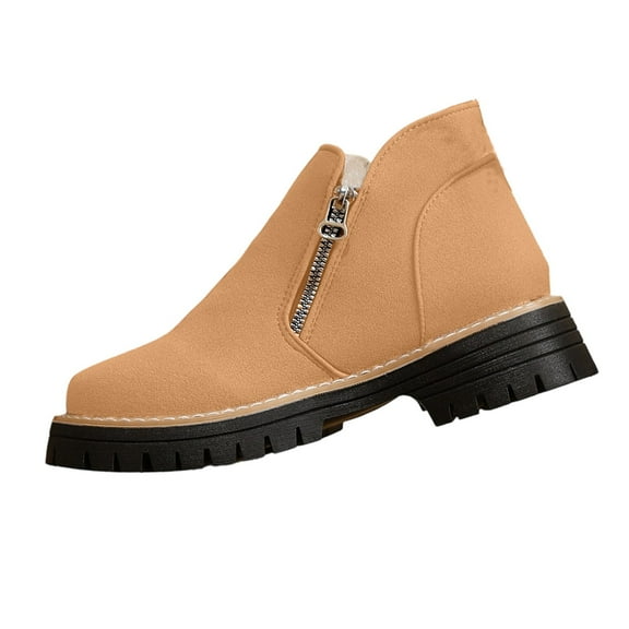 QQAMB Women's Ankle Boots Fashion Solid Color Crew Toe Double Side Zipper Booties Thickend Heel Comfortable Boot Outside