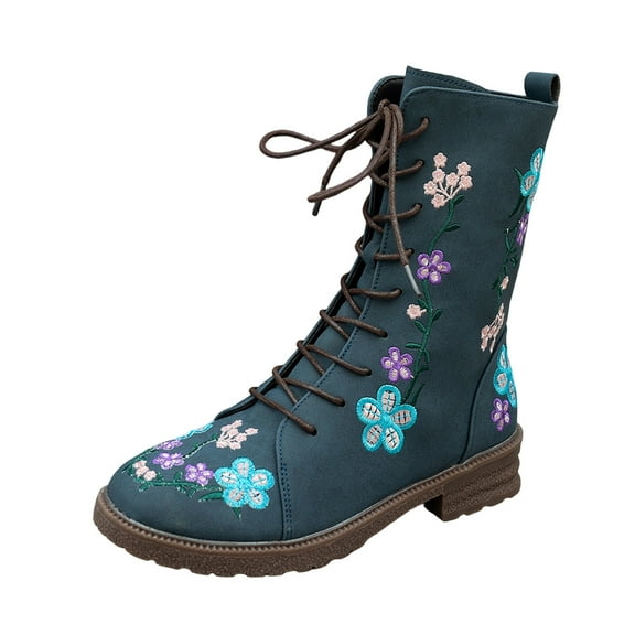 QQAMB Women's Ankle Boots with Flower Embroidery Round Toe Front Lace-Up and Side Zipper Low Heel Casual Winter Boots