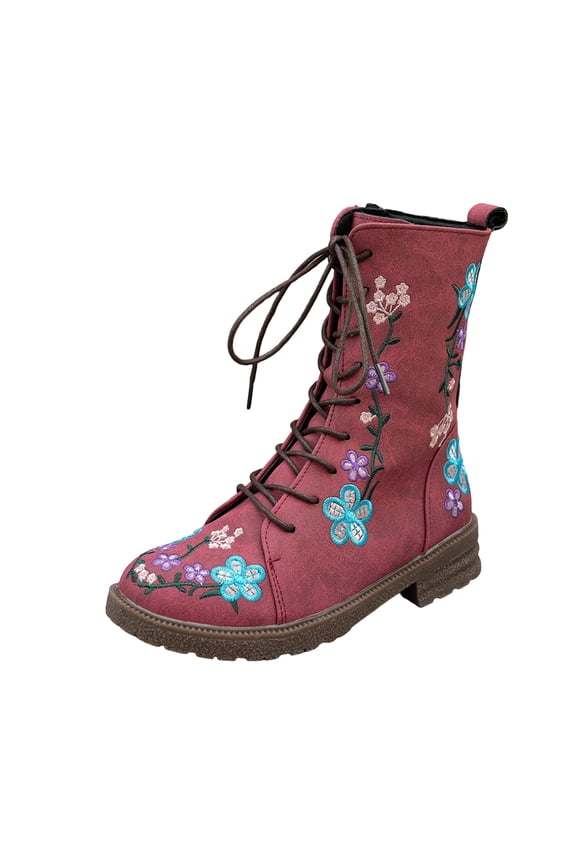 Women's Ankle Boots with Flower Embroidery Round Toe Front Lace-Up and Side Zipper Low Heel Casual Winter Boots