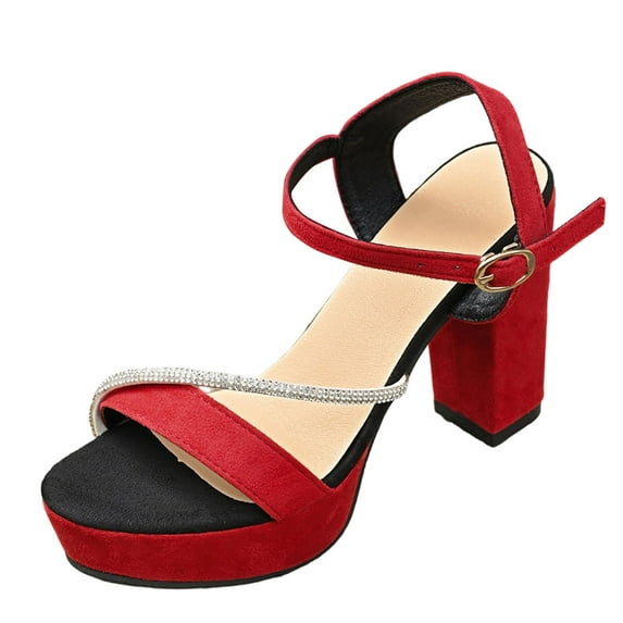 QQAMB Women's Ankle Strap Chunky Mid Heels Sandals Glitter Rhinestone Open Toe Wedding Party Dressy Heeled Sandal