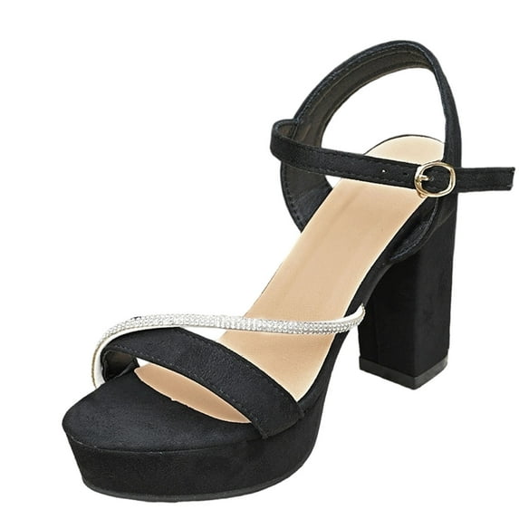 QQAMB Women's Ankle Strap Chunky Mid Heels Sandals Glitter Rhinestone Open Toe Wedding Party Dressy Heeled Sandal