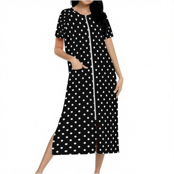 QQAMB Women's Bathrobe Zipper Sleepwear Nightgowns Printed Short Sleeve Zip up Cozy Robes with Pockets House Coat Black XL
