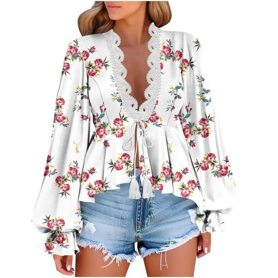 QQAMB Women's Blouse Lace Floral Printed Long Sleeve Top Tie Front Blouses V-Neck Lantern Shirts