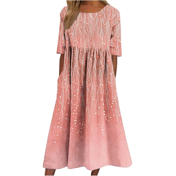 QQAMB Women's Boho Floral Maxi Dress Summer Casual Crewneck Short Sleeve Dresses Flowy Tshirt Sundresses with Pockets Orange M