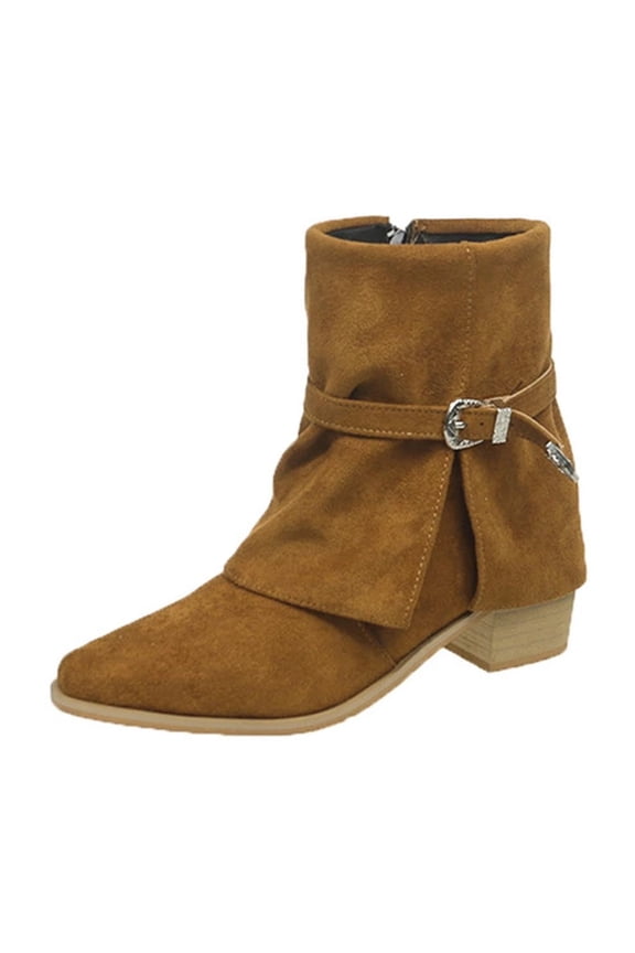 Women's Boots Fold Over Ankle Buckle Strap Size Zipper Booties Chunky Low Heel Casual Boots Fall Winter Slouch Shoes