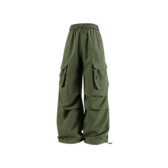 QQAMB Women's Cargo Pants Plus Size Elastic Waisted Wide Leg Solid Color Casual Loose Trousers with Multi Pockets Army Green XL