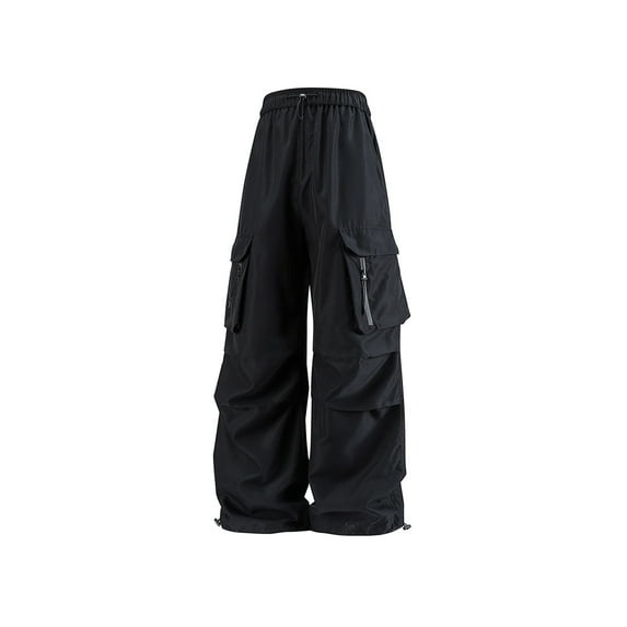 QQAMB Women's Cargo Pants Plus Size Elastic Waisted Wide Leg Solid Color Casual Loose Trousers with Multi Pockets Black L