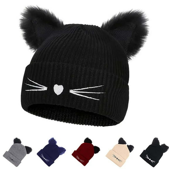 QQAMB Women's Cat Beanie Crochet Hats with Ears Soft Handmade Warm Knitted Cap Grunge Slouchy Winter Hat