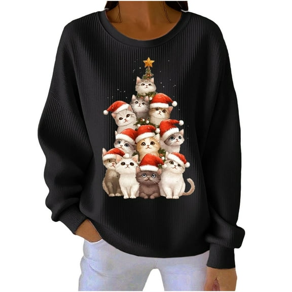 QQAMB Women's Christmas Sweatshirts Tree Graphic Print Sweatshirts Casual Long Sleeve Crewneck Holiday Knit Pullover Tops Black L