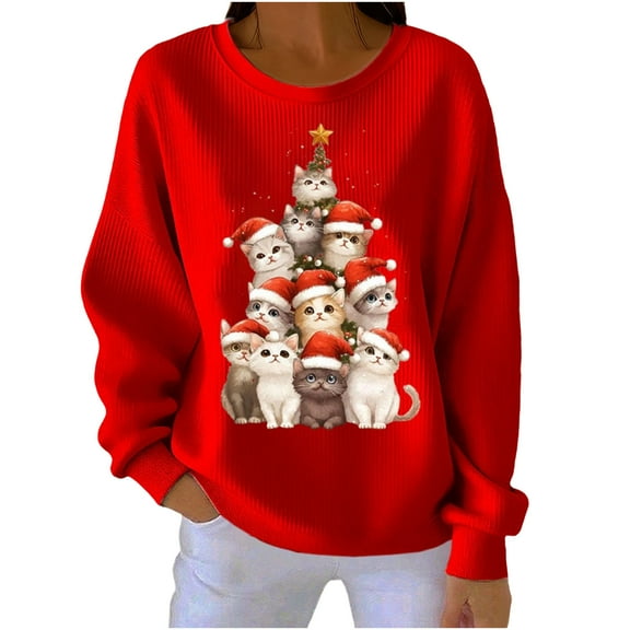 QQAMB Women's Christmas Sweatshirts Tree Graphic Print Sweatshirts Casual Long Sleeve Crewneck Holiday Knit Pullover Tops Red L