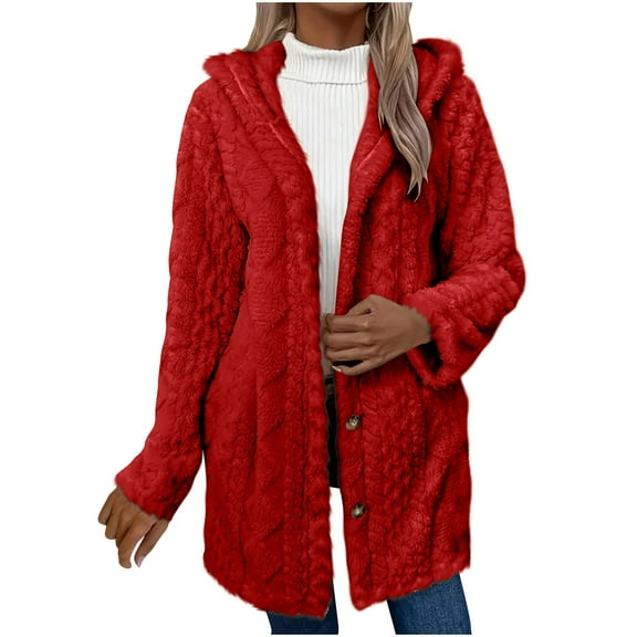 QQAMB Women's Coats Fuzzy Fleece Sherpa Jackets Warm Hooded Long Cardigans Fall Winter Teddy Coats Red XL