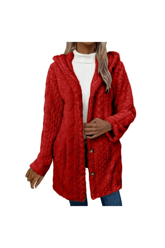 Women's Coats Fuzzy Fleece Sherpa Jackets Warm Hooded Long Cardigans Fall Winter Teddy Coats Red XL