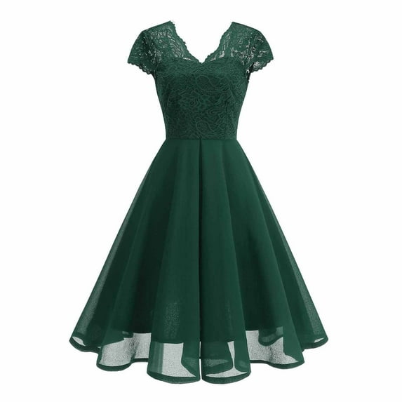 DeHolifer Women's Cocktail Dresses Wedding Guest Party V-Neck Short A-Line Flowy Dress with Lace Sleeve Semi Formal Dress Green XL