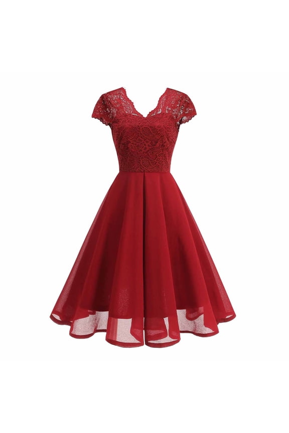 Women's Cocktail Dresses Wedding Guest Party V-Neck Short A-Line Flowy Dress with Lace Sleeve Semi Formal Dress Red 2XL