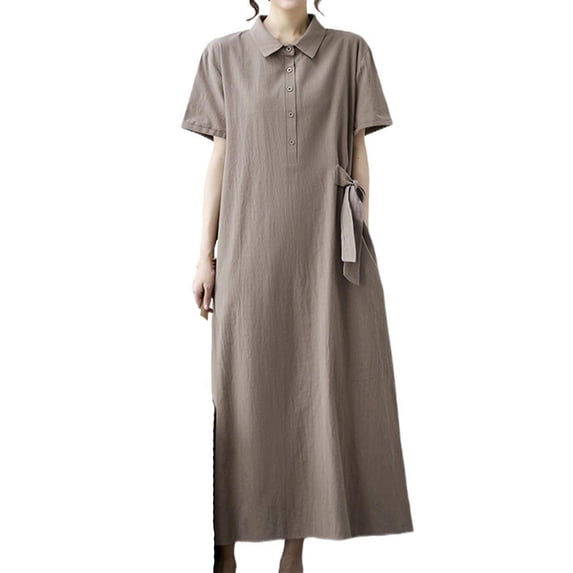 QQAMB Women's Dresses Button Down Lapel Collar Linen Midi Dress Casual Short Sleeve Summer A-Line Tie Waist Shirt Dresses Khaki M