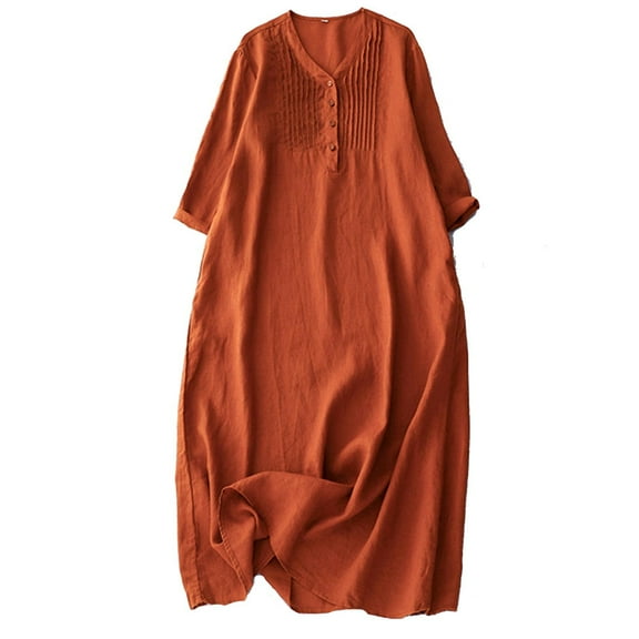 QQAMB Women's Dresses Casual Cotton Linen Short Sleeve Midi Dress Button V Neck Pleated Front A-Line Beach Dresses with Pockets Orange L