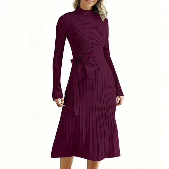 QQAMB Women's Dresses Elegant Solid Color Crewneck Long Sleeve Knit Loose Dress Sweater Dresses Red S