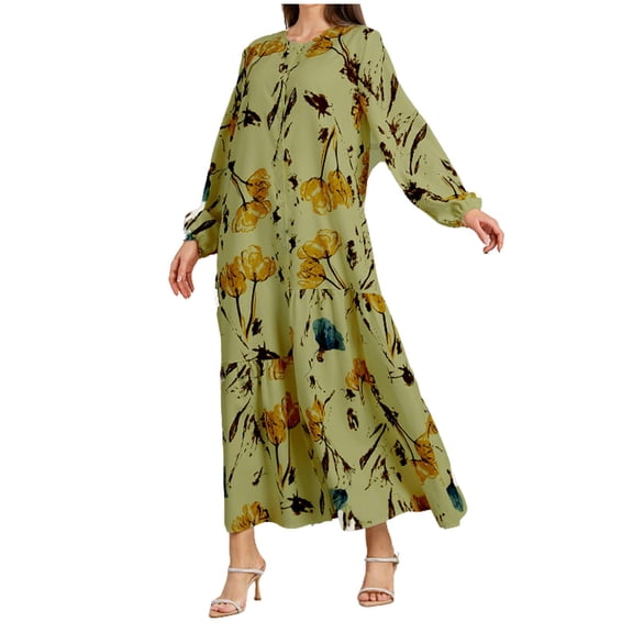 QQAMB Women's Dresses Floral Printed Maxi Dress Long Sleeve Crewneck Boho Button Swing A-line Casual Loose Oversized Vocation Dresses Green M