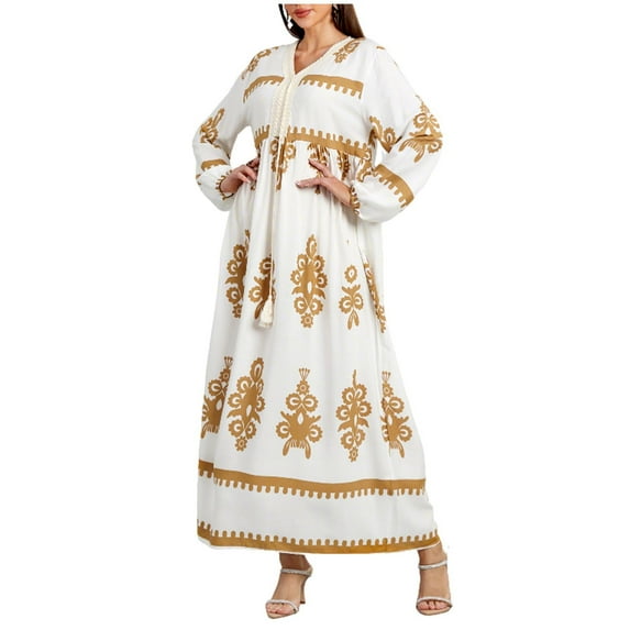 QQAMB Women's Dresses Maxi Tribal Button Down Shirt Tiered Dress Casual V-Neck Long Bell Sleeve A-line Dress Swing Modest Boho Long Dresses White M
