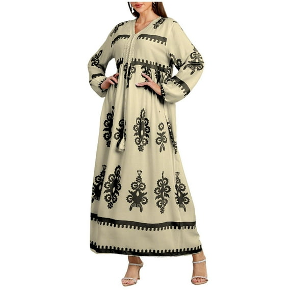 QQAMB Women's Dresses Maxi Tribal Button Down Shirt Tiered Dress Casual V-Neck Long Bell Sleeve A-line Dress Swing Modest Boho Long Dresses Yellow XL