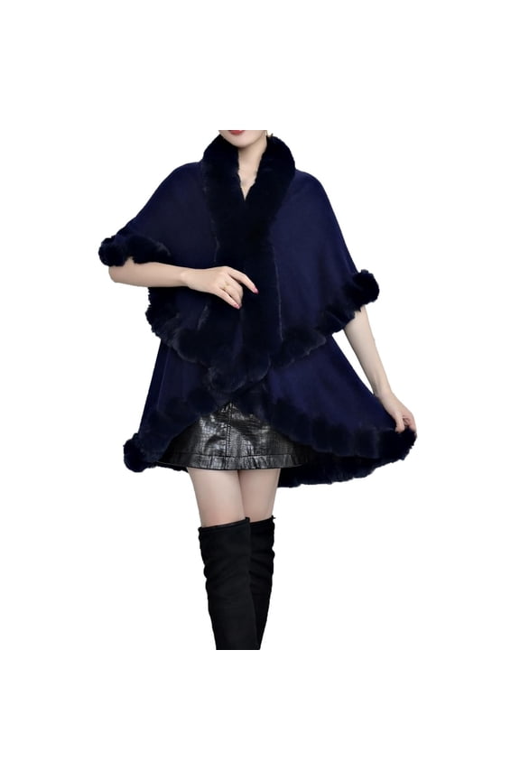 QQAMB Women's Faux Fur Shawl Wraps Elegant Knitted Ponchos Sweater Cape Winter Thickened Warm Soft Travel Scarf Wraps