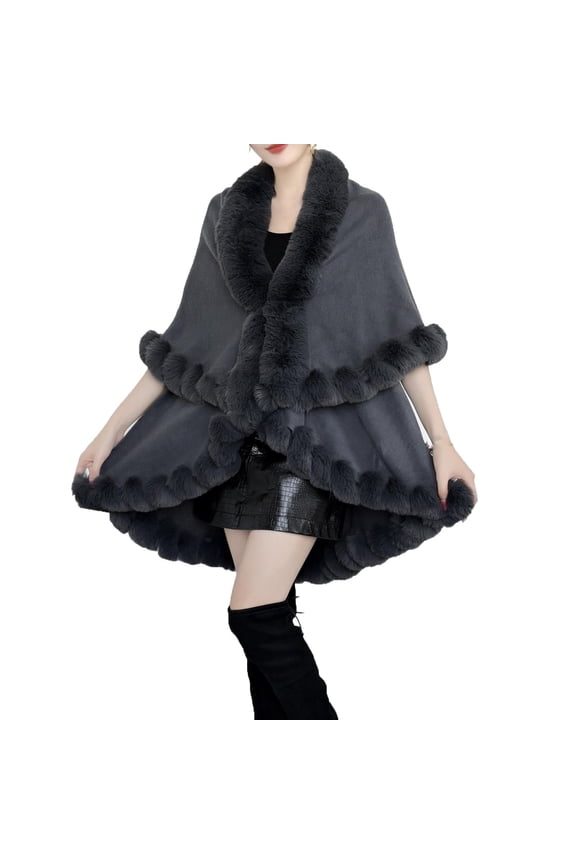 QQAMB Women's Faux Fur Shawl Wraps Elegant Knitted Ponchos Sweater Cape Winter Thickened Warm Soft Travel Scarf Wraps
