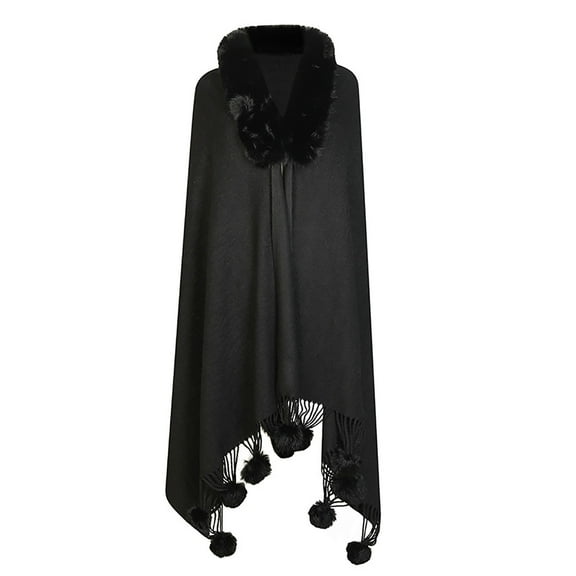 QQAMB Women's Faux Fur Trim Shawl Cape Knitted Shawl Coat, Cute Pompom Soft Shawls and Wraps for Weddings Evening Dresses