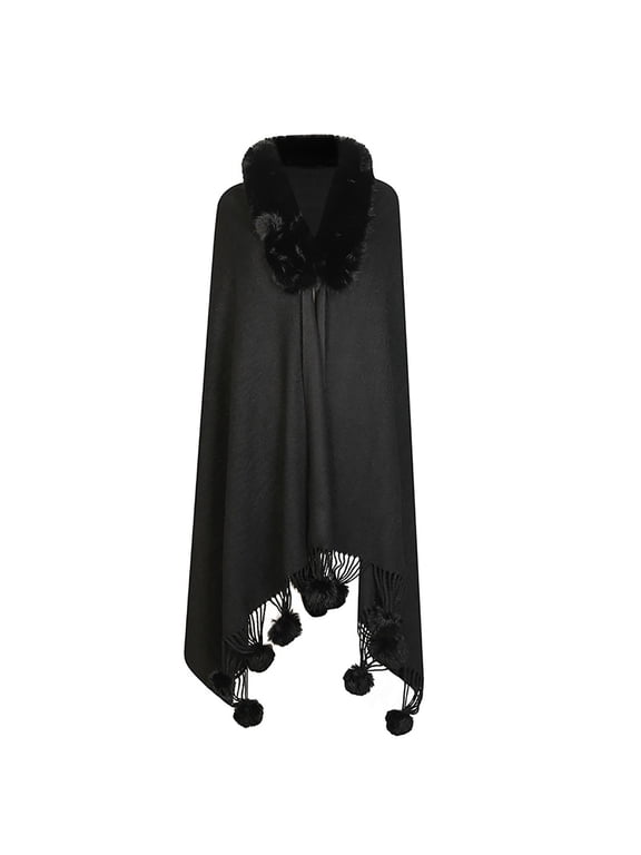 Women's Faux Fur Trim Shawl Cape Knitted Shawl Coat, Cute Pompom Soft Shawls and Wraps for Weddings Evening Dresses