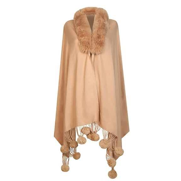 QQAMB Women's Faux Fur Trim Shawl Cape Knitted Shawl Coat, Cute Pompom Soft Shawls and Wraps for Weddings Evening Dresses