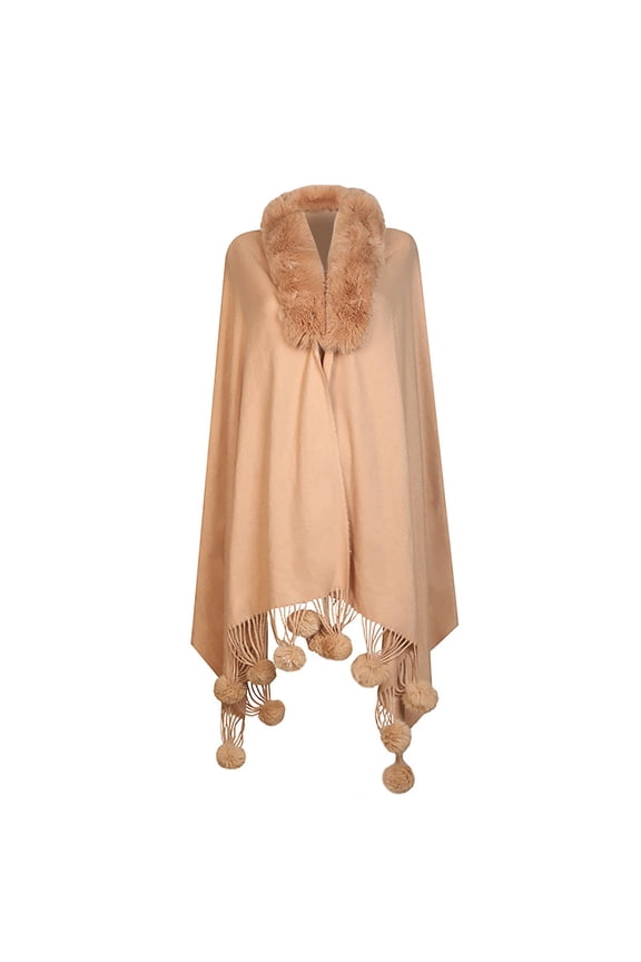 Women's Faux Fur Trim Shawl Cape Knitted Shawl Coat, Cute Pompom Soft Shawls and Wraps for Weddings Evening Dresses