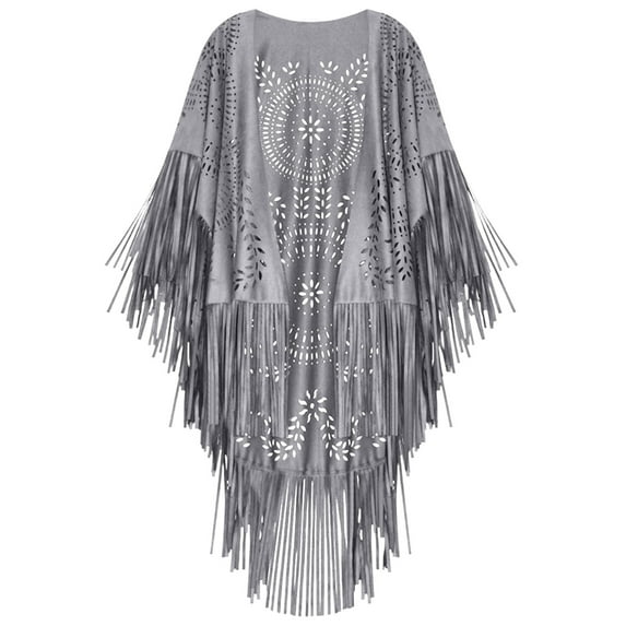 QQAMB Women's Faux Suede Shawls and Wraps, Vintage Fall Winter Hollow Long Tassels Stole Shrug Cape Scarf