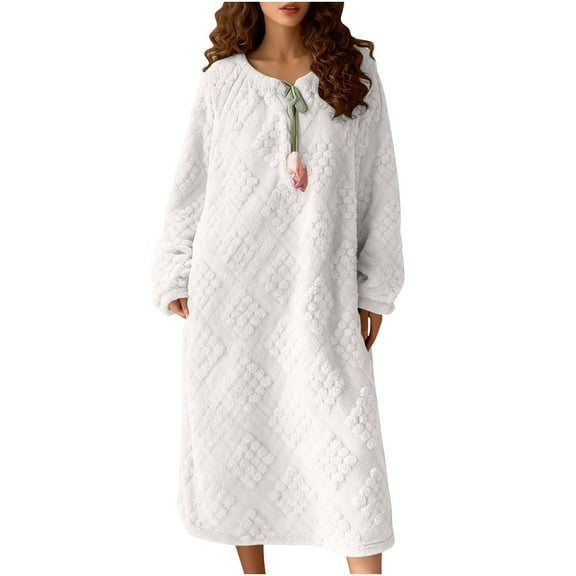 QQAMB Women's Flannel Nightgown Fuzzy Fleece Cozy Plush Warm Winter Pullover Loungewear Sleepdress Crewneck Nightdress White M