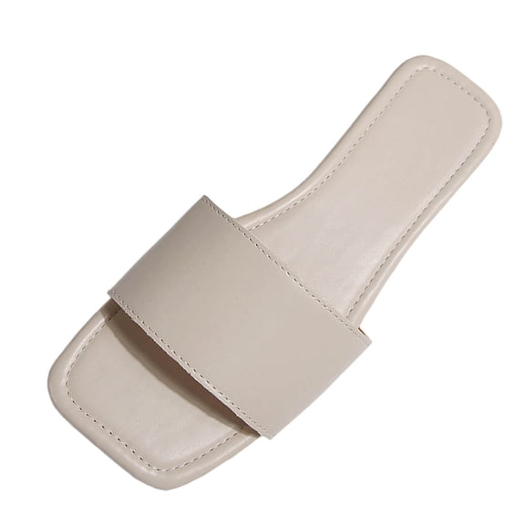 QQAMB Women's Flat Sandals Comfortable Dressy Square Toe Leather Slip On Slide Sandals