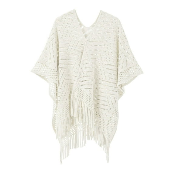 QQAMB Women's Fringe Knit Shawl Wraps, Hollow Out Crochet Poncho Cape Open Front Cardigan Sweater Cover Up with Tassel