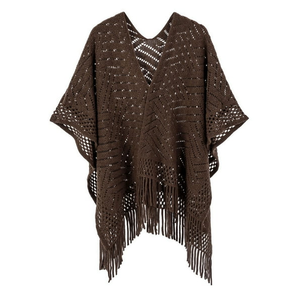 QQAMB Women's Fringe Knit Shawl Wraps, Hollow Out Crochet Poncho Cape Open Front Cardigan Sweater Cover Up with Tassel