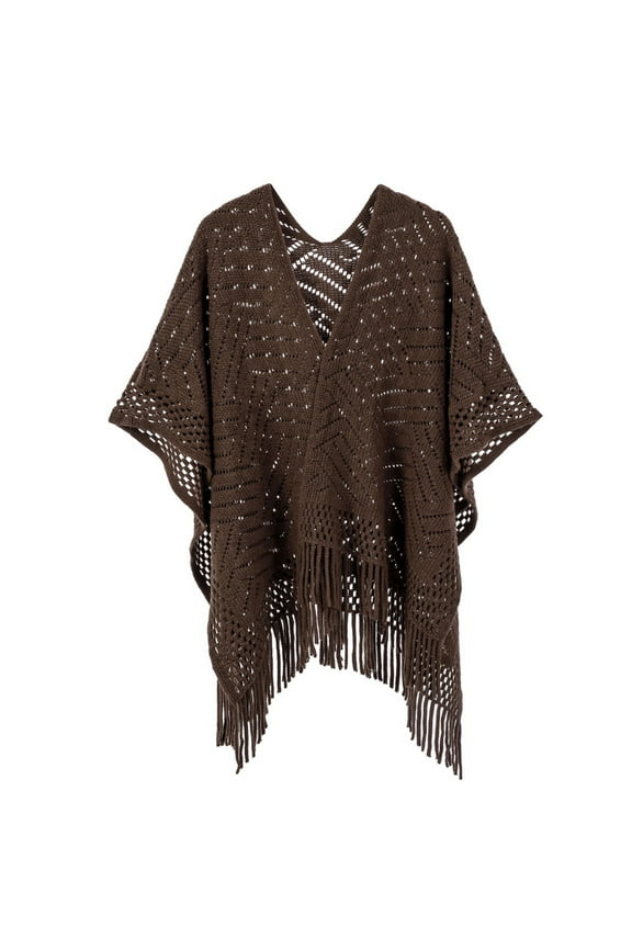 QQAMB Women's Fringe Knit Shawl Wraps, Hollow Out Crochet Poncho Cape Open Front Cardigan Sweater Cover Up with Tassel