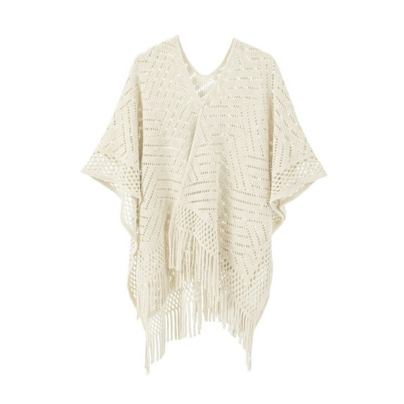 QQAMB Women's Fringe Knit Shawl Wraps, Hollow Out Crochet Poncho Cape Open Front Cardigan Sweater Cover Up with Tassel