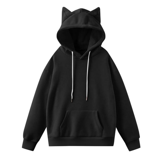 QQAMB Women's Hoodie Cat Ear Print Cute Tops Blouse Long Sleeve Fall Winter Trendy Pullover Sweatshirts with Pocket