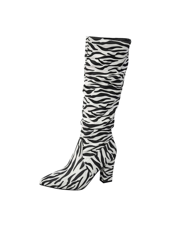 Women's Knee High Boots Zebra Print Suede Boots Pointed Toe Chunky Heel Slouchy Boot for Fall & Winter