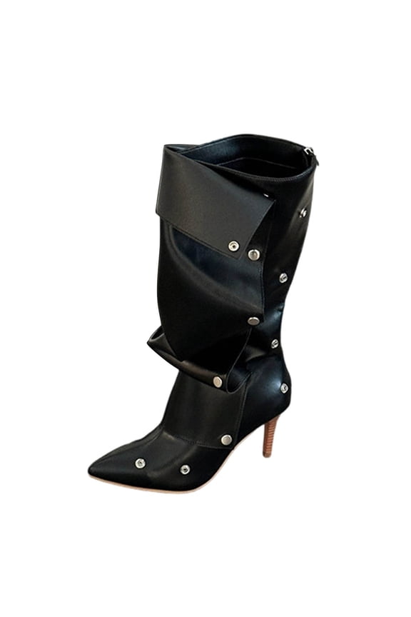 Women's Knee High Shark Boots Pointed Toe High Heels Ruched Stiletto Slouchy Party Boots Detachable Snap-off Panel