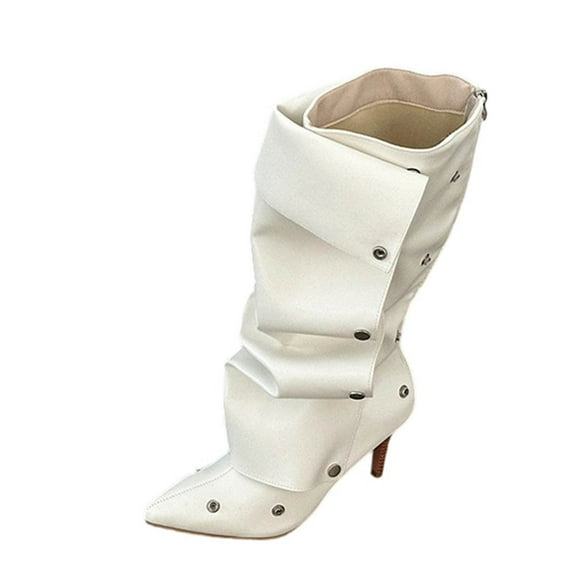 QQAMB Women's Knee High Shark Boots Pointed Toe High Heels Ruched Stiletto Slouchy Party Boots Detachable Snap-off Panel