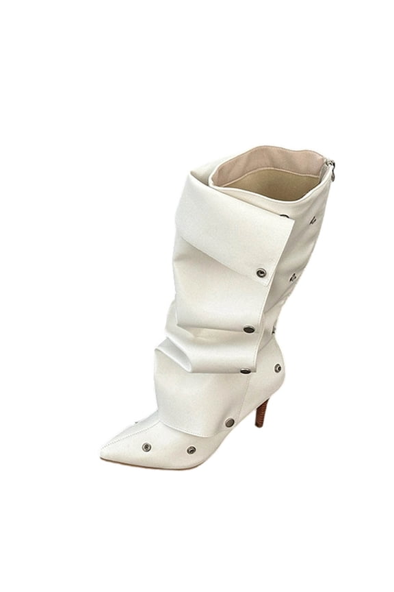 Women's Knee High Shark Boots Pointed Toe High Heels Ruched Stiletto Slouchy Party Boots Detachable Snap-off Panel