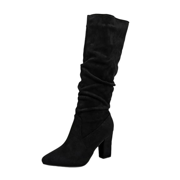 QQAMB Women's Knee High Suede Boots Chunky Heel Slouchy Boots Side Zipper Pointed Toe Riding Long Boot for Fall & Winter