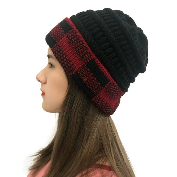 QQAMB Women's Knitting Beanie Hat Cap Winter Check Plaid Brim Outdoor Warm Headwear Cable Hats