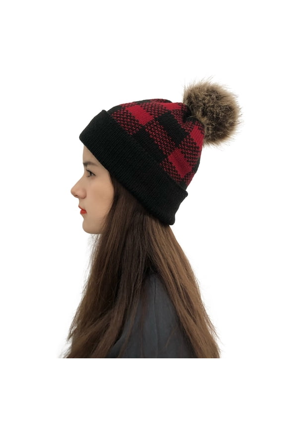 Women's Knitting Beanie Hat Cap Winter Check Plaid Brim Outdoor Warm Headwear Cable Hats