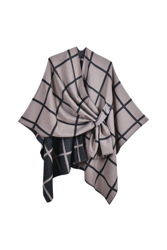 QQAMB Women’s Large Plaid Shawl Wrap Double Sided Wear Scarf Cape Piercing Design Shoulder Cape for Spring Fall Winter