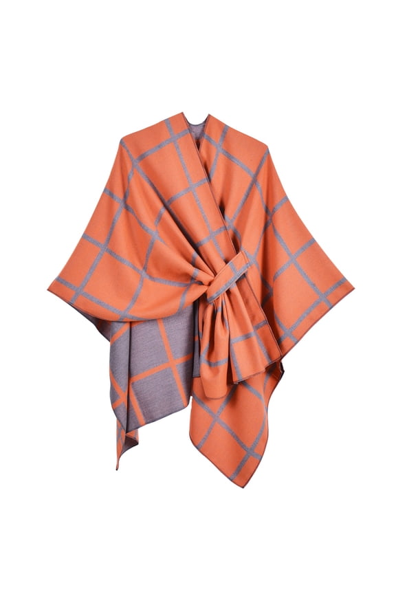 QQAMB Women’s Large Plaid Shawl Wrap Double Sided Wear Scarf Cape Piercing Design Shoulder Cape for Spring Fall Winter