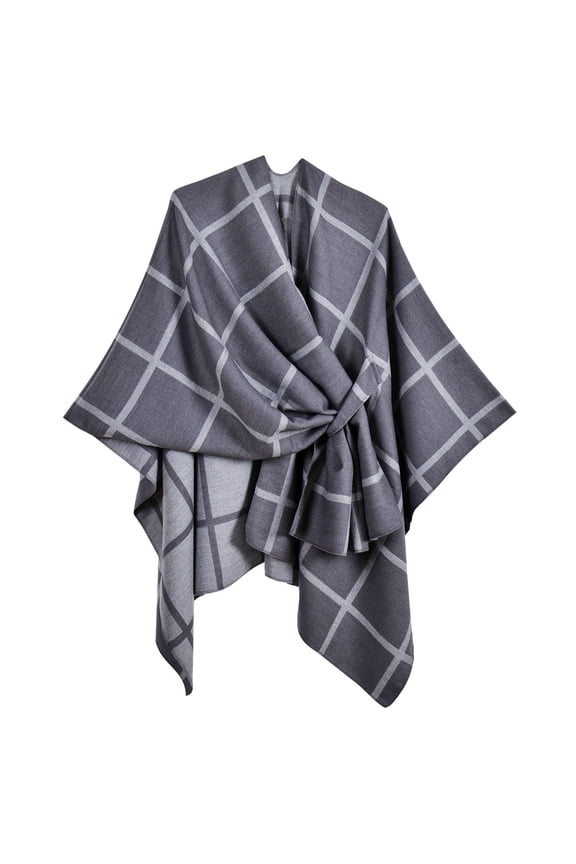 QQAMB Women’s Large Plaid Shawl Wrap Double Sided Wear Scarf Cape Piercing Design Shoulder Cape for Spring Fall Winter